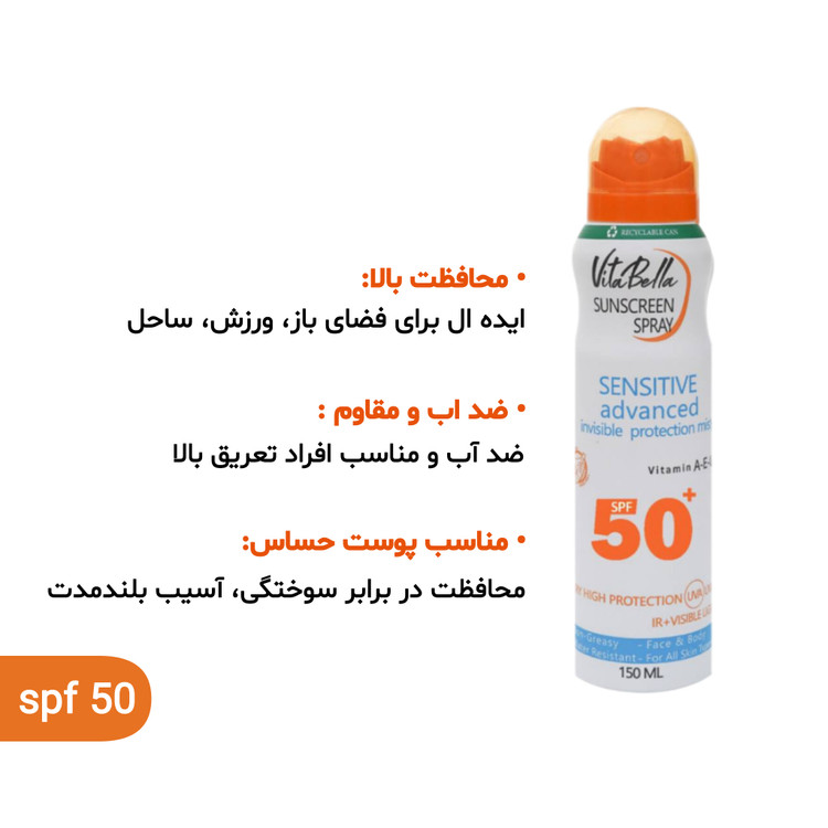اسپری ضد آفتاب ویتابلا 150ml ضدآب بدون چربی تمدید روی آرایش